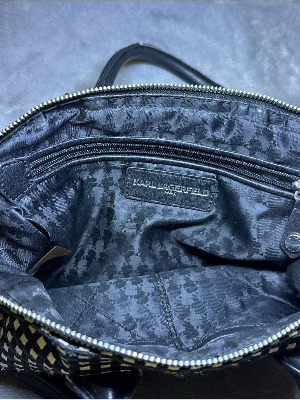 Karl Lagerfeld Black and White Woven Satchel with Charm